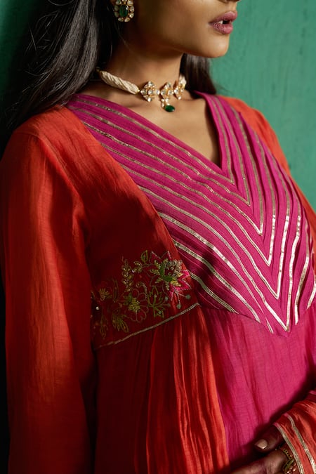 Shop_Hirika & Dhruti_Rust Chanderi Embroidery V-neck Two Tone Kurta Set _Online_at_Aza_Fashions