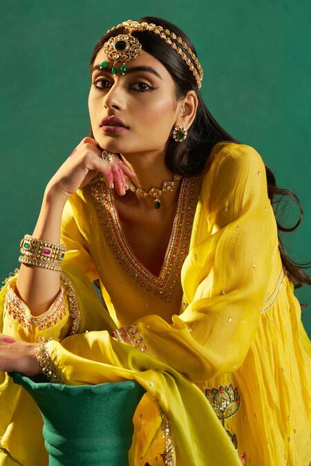 Shop Hirika & Dhruti Yellow Chanderi, Organza Embroidery V-neck Two Tone Patchwork Kurta Set Online at Aza Fashions Shop_Hirika & Dhruti_Yellow Chanderi, Organza Embroidery V-neck Two Tone Patchwork Kurta Set _Online_at_Aza_Fashions