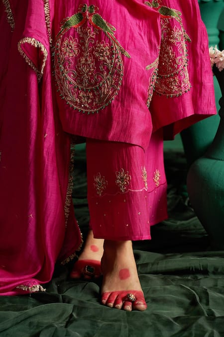 Buy_Hirika & Dhruti_Rose Gold Chanderi Embroidery V-neck Marodi Work Anarkali Set _Online_at_Aza_Fashions