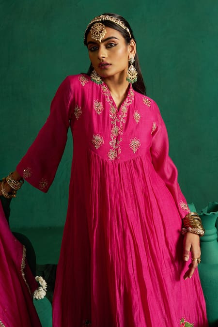 Shop_Hirika & Dhruti_Rose Gold Chanderi Embroidery V-neck Marodi Work Anarkali Set _Online_at_Aza_Fashions