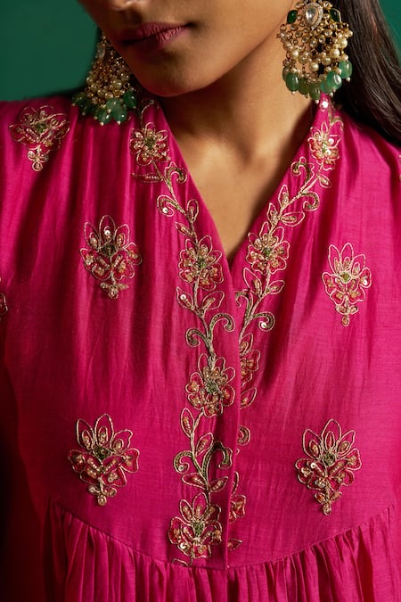 Hirika & Dhruti_Rose Gold Chanderi Embroidery V-neck Marodi Work Anarkali Set _at_Aza_Fashions