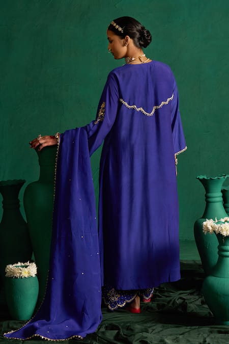 Hirika & Dhruti Blue Silk, Mohair, Organza Embroidery, Sequins V-neck Metal Tikki Work Kurta Set Online at Aza Fashions Hirika & Dhruti_Blue Silk, Mohair, Organza Embroidery, Sequins V-neck Metal Tikki Work Kurta Set _Online_at_Aza_Fashions