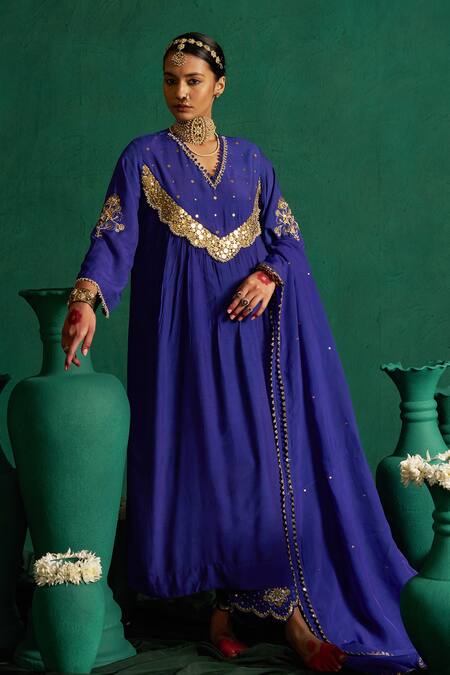 Shop Hirika & Dhruti Blue Silk, Mohair, Organza Embroidery, Sequins V-neck Metal Tikki Work Kurta Set Online at Aza Fashions Shop_Hirika & Dhruti_Blue Silk, Mohair, Organza Embroidery, Sequins V-neck Metal Tikki Work Kurta Set _Online_at_Aza_Fashions
