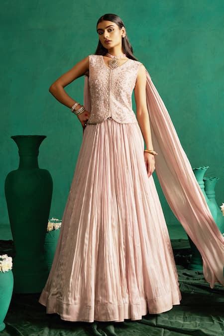 Hirika & Dhruti Beige Silk, Chanderi, Chiffon Mirrors, Embroidery Moti Purple Lehenga Set at Aza Fashions Hirika & Dhruti_Beige Silk, Chanderi, Chiffon Mirrors, Embroidery Moti Purple Lehenga Set _at_Aza_Fashions