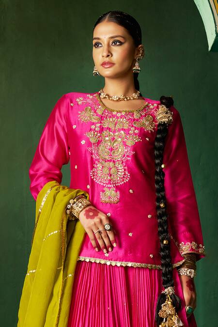 Buy Hirika & Dhruti Rose Gold Silk, Organza, Cotton Embroidery, Zari Round Hand Kurta And Ghagra Set Online at Aza Fashions Buy_Hirika & Dhruti_Rose Gold Silk, Organza, Cotton Embroidery, Zari Round Hand Kurta And Ghagra Set _Online_at_Aza_Fashions