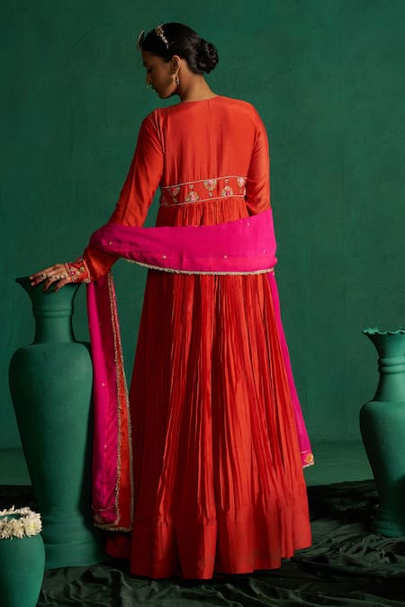 Hirika & Dhruti Orange Cotton, Silk, Organza Embroidery Round Neck Patchwork Anarkali Set Online at Aza Fashions Hirika & Dhruti_Orange Cotton, Silk, Organza Embroidery Round Neck Patchwork Anarkali Set _Online_at_Aza_Fashions