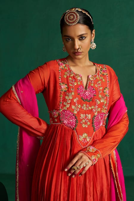 Shop Hirika & Dhruti Orange Cotton, Silk, Organza Embroidery Round Neck Patchwork Anarkali Set Online at Aza Fashions Shop_Hirika & Dhruti_Orange Cotton, Silk, Organza Embroidery Round Neck Patchwork Anarkali Set _Online_at_Aza_Fashions