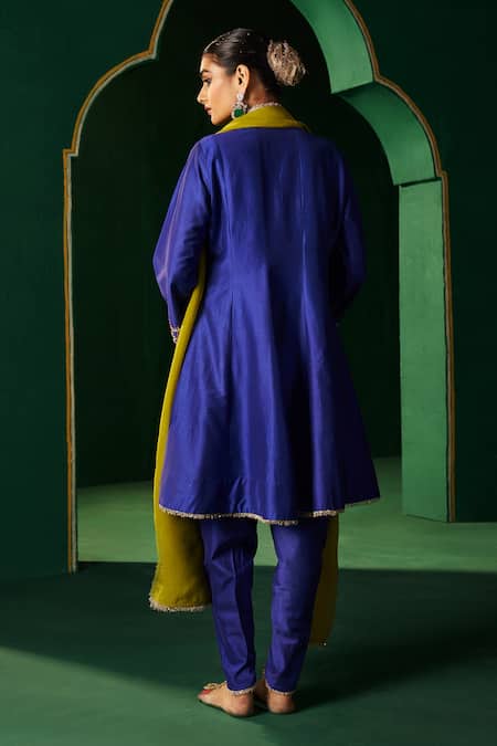 Hirika & Dhruti Blue Silk, Organza Embroidery Round Neck Marodi Work Kurta Set Online at Aza Fashions Hirika & Dhruti_Blue Silk, Organza Embroidery Round Neck Marodi Work Kurta Set _Online_at_Aza_Fashions