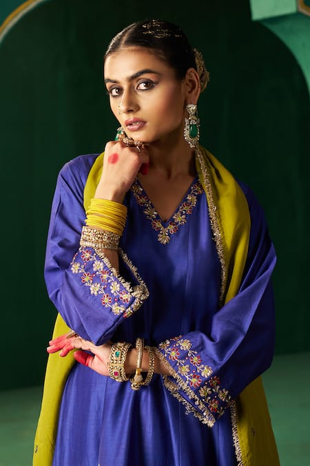 Shop Hirika & Dhruti Blue Silk, Organza Embroidery Round Neck Marodi Work Kurta Set Online at Aza Fashions Shop_Hirika & Dhruti_Blue Silk, Organza Embroidery Round Neck Marodi Work Kurta Set _Online_at_Aza_Fashions