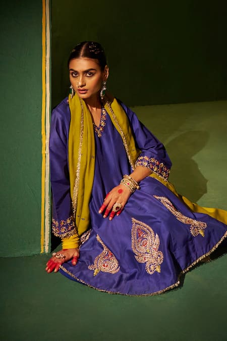 Hirika & Dhruti Blue Silk, Organza Embroidery Round Neck Marodi Work Kurta Set at Aza Fashions Hirika & Dhruti_Blue Silk, Organza Embroidery Round Neck Marodi Work Kurta Set _at_Aza_Fashions