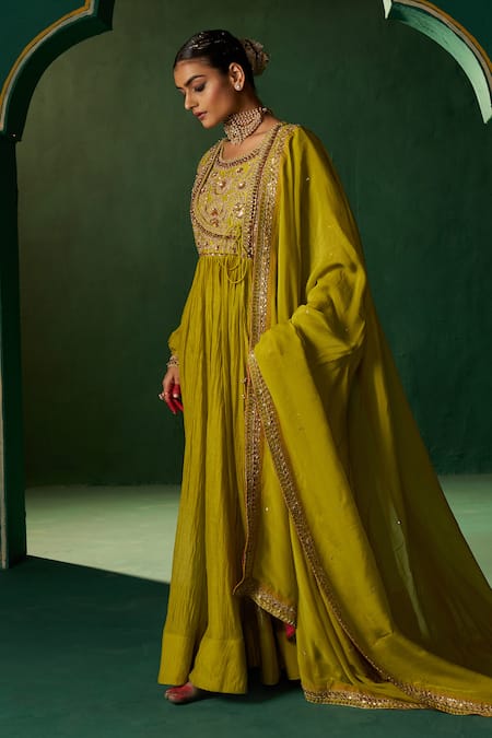 Buy Hirika & Dhruti Green Chanderi, Cotton, Lycra, Organza Embroidery Round Mehendi Anarkali Set Online at Aza Fashions Buy_Hirika & Dhruti_Green Chanderi, Cotton, Lycra, Organza Embroidery Round Mehendi Anarkali Set _Online_at_Aza_Fashions