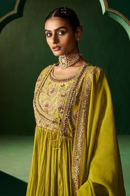 Shop Hirika & Dhruti Green Chanderi, Cotton, Lycra, Organza Embroidery Round Mehendi Anarkali Set Online at Aza Fashions Shop_Hirika & Dhruti_Green Chanderi, Cotton, Lycra, Organza Embroidery Round Mehendi Anarkali Set _Online_at_Aza_Fashions