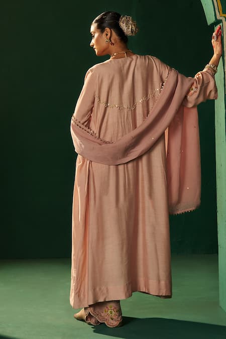 Shop Hirika & Dhruti Beige Cotton Embroidery, Sequins V-neck Metal Tikki Work Kurta Set at Aza Fashions Shop_Hirika & Dhruti_Beige Cotton Embroidery, Sequins V-neck Metal Tikki Work Kurta Set _at_Aza_Fashions