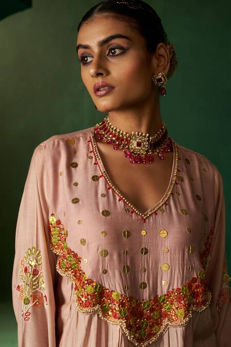 Hirika & Dhruti Beige Cotton Embroidery, Sequins V-neck Metal Tikki Work Kurta Set Online at Aza Fashions Hirika & Dhruti_Beige Cotton Embroidery, Sequins V-neck Metal Tikki Work Kurta Set _Online_at_Aza_Fashions