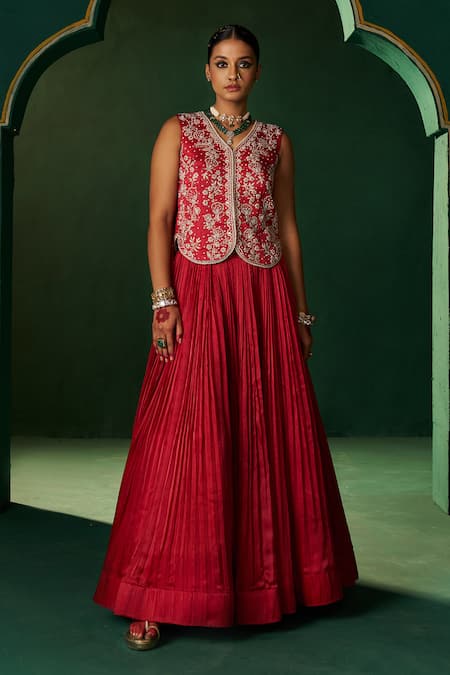 Shop Hirika & Dhruti Red Silk, Chanderi, Chiffon, Satin Embroidery V-neck Moti Fusion Lehenga Set at Aza Fashions Shop_Hirika & Dhruti_Red Silk, Chanderi, Chiffon, Satin Embroidery V-neck Moti Fusion Lehenga Set _at_Aza_Fashions