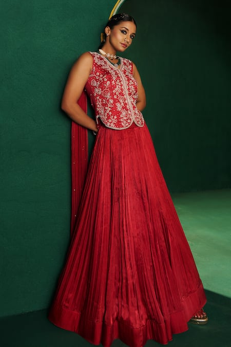 Hirika & Dhruti Red Silk, Chanderi, Chiffon, Satin Embroidery V-neck Moti Fusion Lehenga Set Online at Aza Fashions Hirika & Dhruti_Red Silk, Chanderi, Chiffon, Satin Embroidery V-neck Moti Fusion Lehenga Set _Online_at_Aza_Fashions