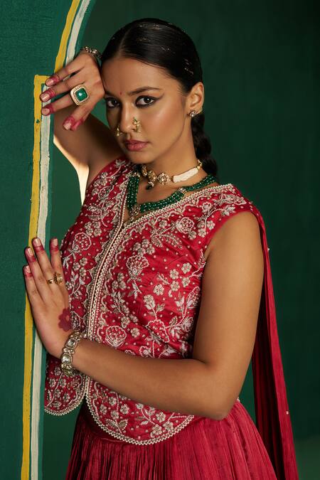 Buy Hirika & Dhruti Red Silk, Chanderi, Chiffon, Satin Embroidery V-neck Moti Fusion Lehenga Set Online at Aza Fashions Buy_Hirika & Dhruti_Red Silk, Chanderi, Chiffon, Satin Embroidery V-neck Moti Fusion Lehenga Set _Online_at_Aza_Fashions