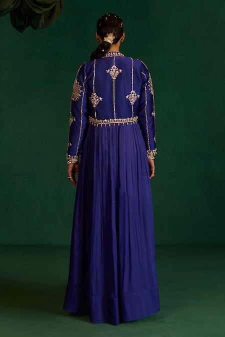 Shop Hirika & Dhruti Blue Satin, Silk, Chanderi Embroidery Round Neck Pleated Anarkali With Jacket at Aza Fashions Shop_Hirika & Dhruti_Blue Satin, Silk, Chanderi Embroidery Round Neck Pleated Anarkali With Jacket _at_Aza_Fashions