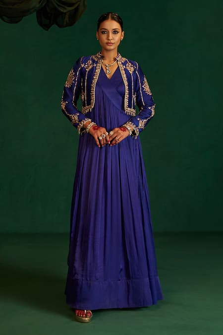 Hirika & Dhruti Blue Satin, Silk, Chanderi Embroidery Round Neck Pleated Anarkali With Jacket Online at Aza Fashions Hirika & Dhruti_Blue Satin, Silk, Chanderi Embroidery Round Neck Pleated Anarkali With Jacket _Online_at_Aza_Fashions