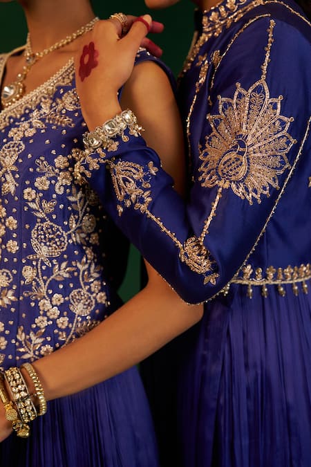 Buy Hirika & Dhruti Blue Satin, Silk, Chanderi Embroidery Round Neck Pleated Anarkali With Jacket Online at Aza Fashions Buy_Hirika & Dhruti_Blue Satin, Silk, Chanderi Embroidery Round Neck Pleated Anarkali With Jacket _Online_at_Aza_Fashions