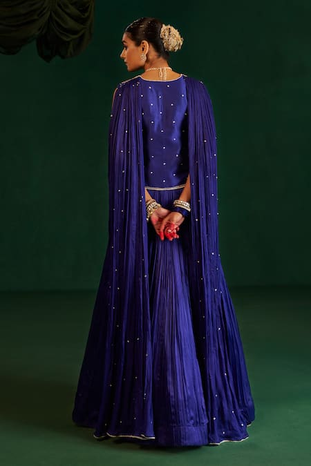 Hirika & Dhruti Blue Silk, Chanderi, Chiffon Embroidery V-neck Moti Fusion Lehenga Set Online at Aza Fashions Hirika & Dhruti_Blue Silk, Chanderi, Chiffon Embroidery V-neck Moti Fusion Lehenga Set _Online_at_Aza_Fashions