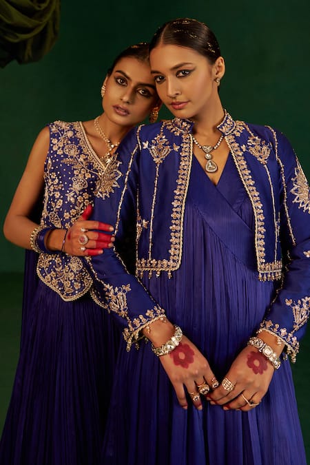 Buy Hirika & Dhruti Blue Silk, Chanderi, Chiffon Embroidery V-neck Moti Fusion Lehenga Set Online at Aza Fashions Buy_Hirika & Dhruti_Blue Silk, Chanderi, Chiffon Embroidery V-neck Moti Fusion Lehenga Set _Online_at_Aza_Fashions