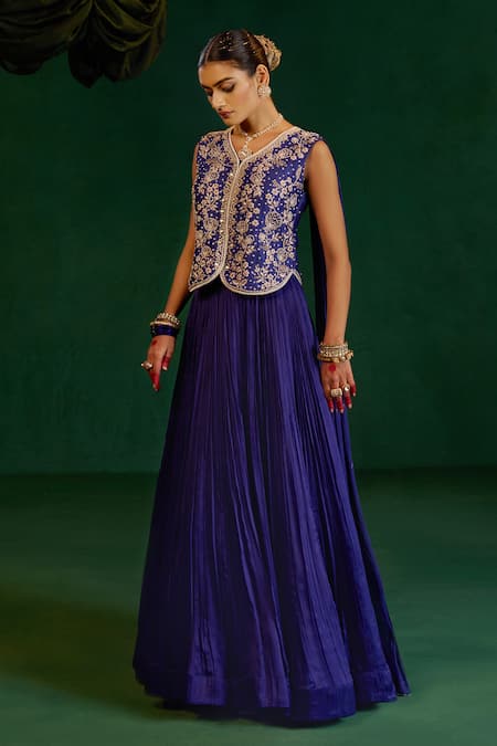 Shop Hirika & Dhruti Blue Silk, Chanderi, Chiffon Embroidery V-neck Moti Fusion Lehenga Set Online at Aza Fashions Shop_Hirika & Dhruti_Blue Silk, Chanderi, Chiffon Embroidery V-neck Moti Fusion Lehenga Set _Online_at_Aza_Fashions