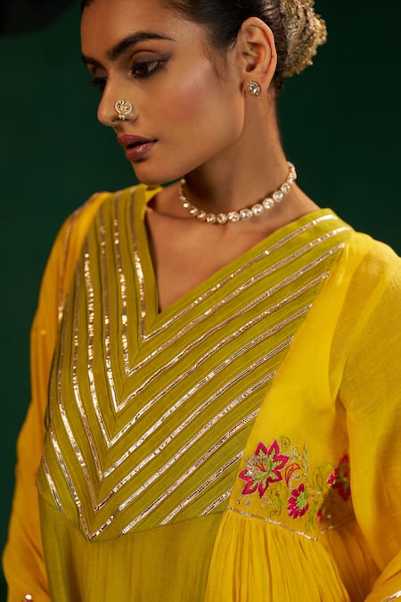 Buy Hirika & Dhruti Yellow Chanderi Embroidery V-neck Two Tone Hand Kurta Pant Set Online at Aza Fashions Buy_Hirika & Dhruti_Yellow Chanderi Embroidery V-neck Two Tone Hand Kurta Pant Set _Online_at_Aza_Fashions