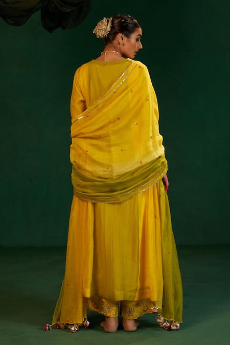 Shop Hirika & Dhruti Yellow Chanderi Embroidery V-neck Two Tone Hand Kurta Pant Set at Aza Fashions Shop_Hirika & Dhruti_Yellow Chanderi Embroidery V-neck Two Tone Hand Kurta Pant Set _at_Aza_Fashions