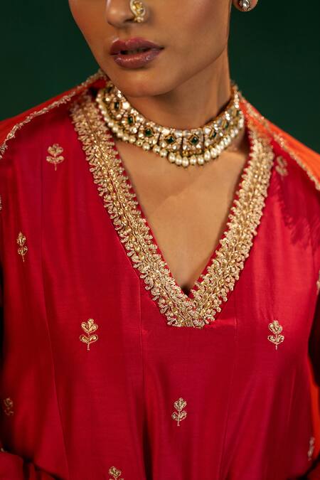 Hirika & Dhruti Red Silk Embroidery V-neck Kurta Set Online at Aza Fashions Hirika & Dhruti_Red Silk Embroidery V-neck Kurta Set _Online_at_Aza_Fashions