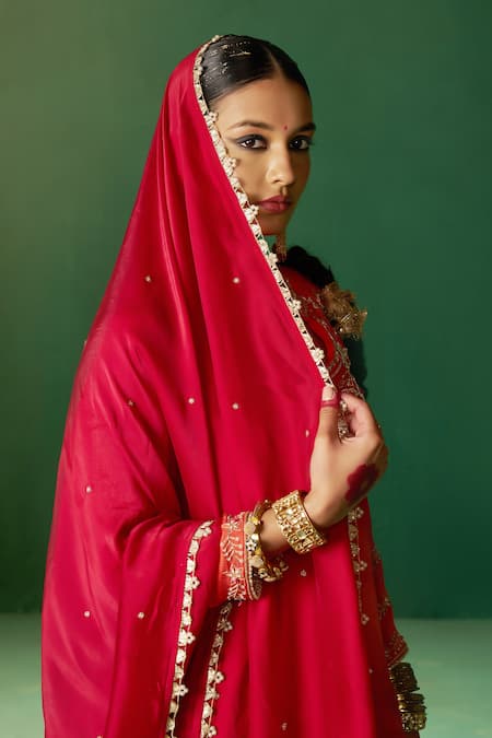 Hirika & Dhruti Red Chiffon Embroidery Mandarin Collar Moti Kurta Set With Sharara Online at Aza Fashions Hirika & Dhruti_Red Chiffon Embroidery Mandarin Collar Moti Kurta Set With Sharara _Online_at_Aza_Fashions