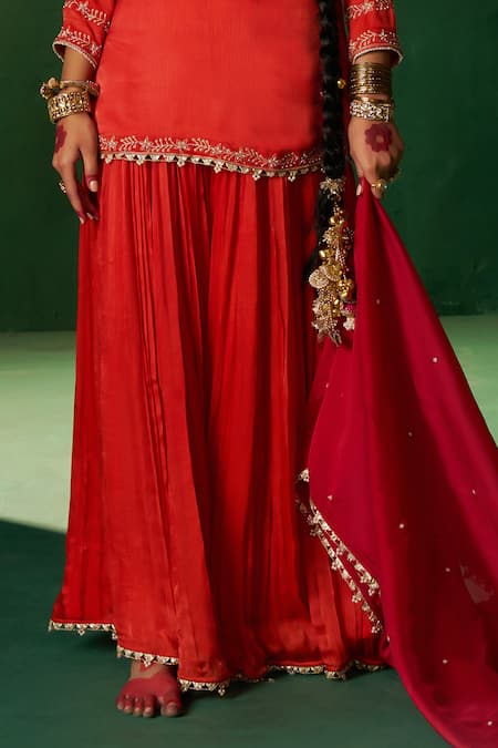 Buy Hirika & Dhruti Red Chiffon Embroidery Mandarin Collar Moti Kurta Set With Sharara Online at Aza Fashions Buy_Hirika & Dhruti_Red Chiffon Embroidery Mandarin Collar Moti Kurta Set With Sharara _Online_at_Aza_Fashions