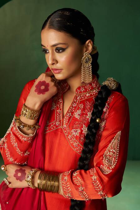 Shop Hirika & Dhruti Red Chiffon Embroidery Mandarin Collar Moti Kurta Set With Sharara Online at Aza Fashions Shop_Hirika & Dhruti_Red Chiffon Embroidery Mandarin Collar Moti Kurta Set With Sharara _Online_at_Aza_Fashions