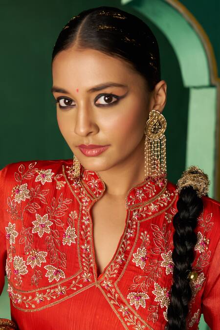 Hirika & Dhruti Red Chiffon Embroidery Mandarin Collar Moti Kurta Set With Sharara at Aza Fashions Hirika & Dhruti_Red Chiffon Embroidery Mandarin Collar Moti Kurta Set With Sharara _at_Aza_Fashions