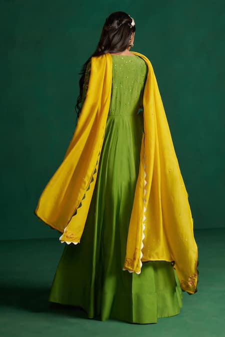 Shop Hirika & Dhruti Green Modal, Cotton, Silk Embroidery Round Neck Dark Hand Anarkali Set at Aza Fashions Shop_Hirika & Dhruti_Green Modal, Cotton, Silk Embroidery Round Neck Dark Hand Anarkali Set _at_Aza_Fashions