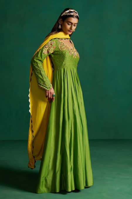 Hirika & Dhruti Green Modal, Cotton, Silk Embroidery Round Neck Dark Hand Anarkali Set Online at Aza Fashions Hirika & Dhruti_Green Modal, Cotton, Silk Embroidery Round Neck Dark Hand Anarkali Set _Online_at_Aza_Fashions