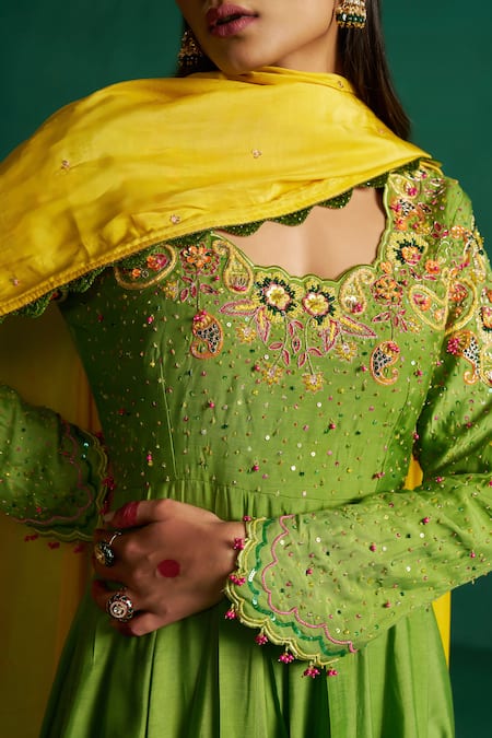 Buy Hirika & Dhruti Green Modal, Cotton, Silk Embroidery Round Neck Dark Hand Anarkali Set Online at Aza Fashions Buy_Hirika & Dhruti_Green Modal, Cotton, Silk Embroidery Round Neck Dark Hand Anarkali Set _Online_at_Aza_Fashions