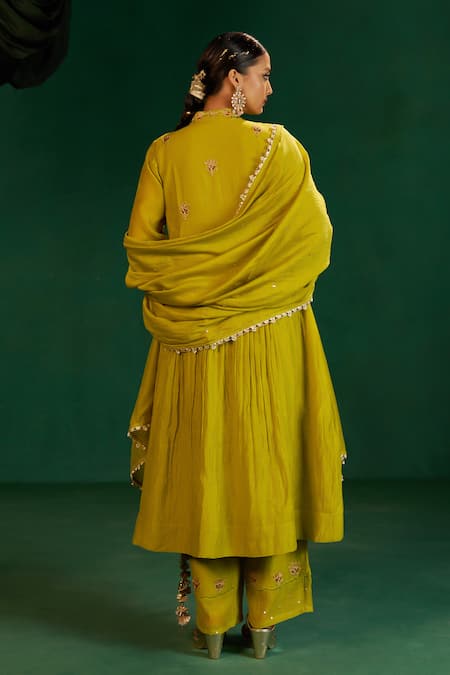 Shop Hirika & Dhruti Green Chanderi Tassels, Embroidery Round Neck Marodi Work Anarkali Set at Aza Fashions Shop_Hirika & Dhruti_Green Chanderi Tassels, Embroidery Round Neck Marodi Work Anarkali Set _at_Aza_Fashions