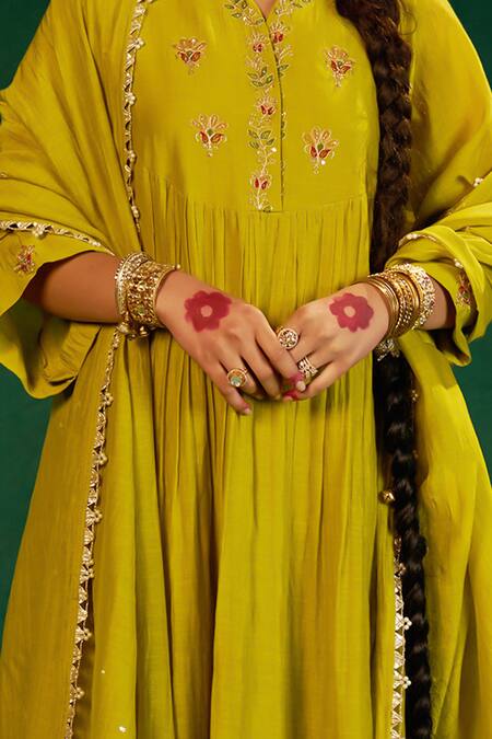 Buy Hirika & Dhruti Green Chanderi Tassels, Embroidery Round Neck Marodi Work Anarkali Set Online at Aza Fashions Buy_Hirika & Dhruti_Green Chanderi Tassels, Embroidery Round Neck Marodi Work Anarkali Set _Online_at_Aza_Fashions