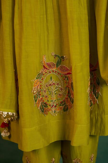 Shop Hirika & Dhruti Green Chanderi Tassels, Embroidery Round Neck Marodi Work Anarkali Set Online at Aza Fashions Shop_Hirika & Dhruti_Green Chanderi Tassels, Embroidery Round Neck Marodi Work Anarkali Set _Online_at_Aza_Fashions