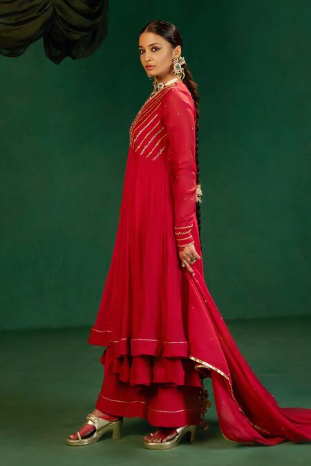 Hirika & Dhruti Red Chanderi Embroidery V-neck Double Layer Anarkali Set Online at Aza Fashions Hirika & Dhruti_Red Chanderi Embroidery V-neck Double Layer Anarkali Set _Online_at_Aza_Fashions