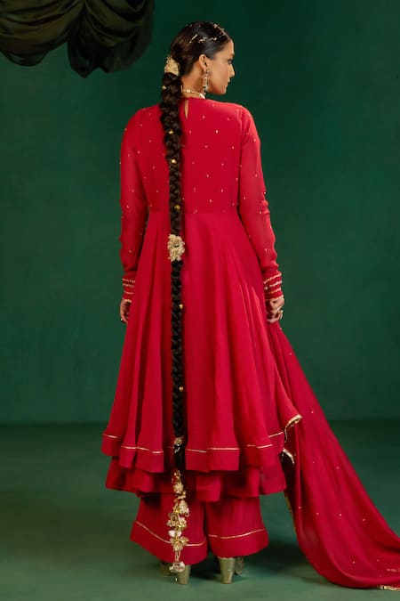 Shop Hirika & Dhruti Red Chanderi Embroidery V-neck Double Layer Anarkali Set at Aza Fashions Shop_Hirika & Dhruti_Red Chanderi Embroidery V-neck Double Layer Anarkali Set _at_Aza_Fashions