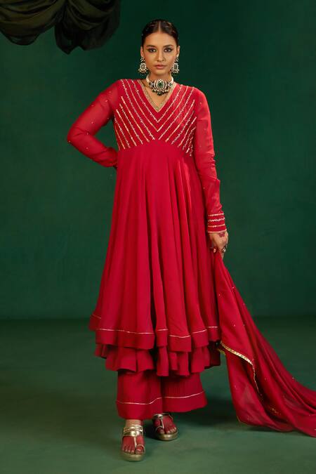 Buy Hirika & Dhruti Red Chanderi Embroidery V-neck Double Layer Anarkali Set Online at Aza Fashions Buy_Hirika & Dhruti_Red Chanderi Embroidery V-neck Double Layer Anarkali Set _Online_at_Aza_Fashions