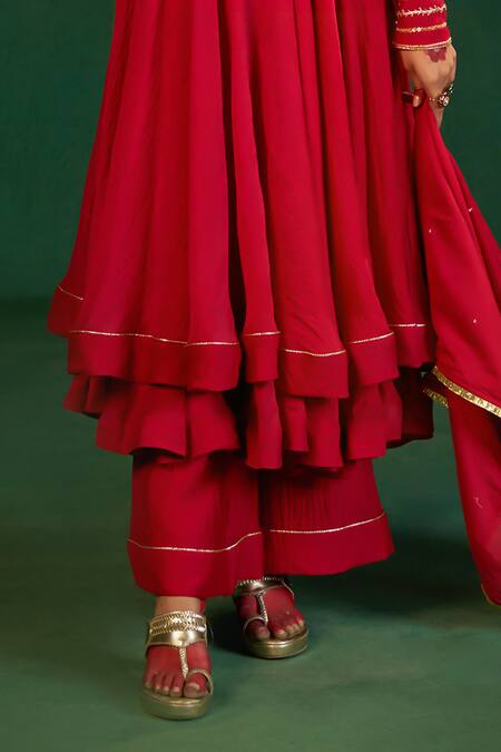 Shop Hirika & Dhruti Red Chanderi Embroidery V-neck Double Layer Anarkali Set Online at Aza Fashions Shop_Hirika & Dhruti_Red Chanderi Embroidery V-neck Double Layer Anarkali Set _Online_at_Aza_Fashions