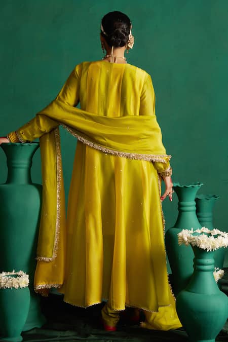 Hirika & Dhruti Yellow Silk Sequins, Beads Round Neck Two Tone Kalli Anarkali Set Online at Aza Fashions Hirika & Dhruti_Yellow Silk Sequins, Beads Round Neck Two Tone Kalli Anarkali Set _Online_at_Aza_Fashions