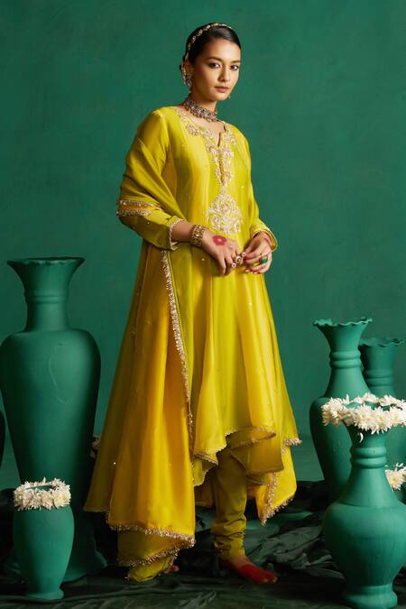 Shop Hirika & Dhruti Yellow Silk Sequins, Beads Round Neck Two Tone Kalli Anarkali Set Online at Aza Fashions Shop_Hirika & Dhruti_Yellow Silk Sequins, Beads Round Neck Two Tone Kalli Anarkali Set _Online_at_Aza_Fashions