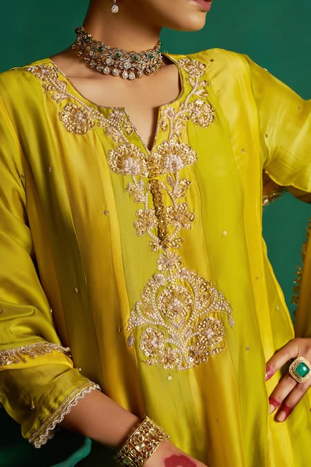 Hirika & Dhruti Yellow Silk Sequins, Beads Round Neck Two Tone Kalli Anarkali Set at Aza Fashions Hirika & Dhruti_Yellow Silk Sequins, Beads Round Neck Two Tone Kalli Anarkali Set _at_Aza_Fashions