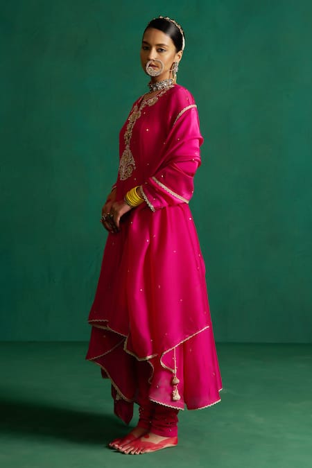 Shop Hirika & Dhruti Pink Polyester Embroidery Split V-neck Zardosi Anarkali Set at Aza Fashions Shop_Hirika & Dhruti_Pink Polyester Embroidery Split V-neck Zardosi Anarkali Set _at_Aza_Fashions