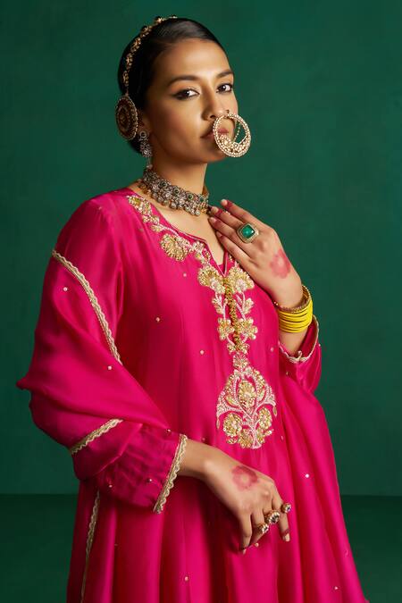 Shop Hirika & Dhruti Pink Polyester Embroidery Split V-neck Zardosi Anarkali Set Online at Aza Fashions Shop_Hirika & Dhruti_Pink Polyester Embroidery Split V-neck Zardosi Anarkali Set _Online_at_Aza_Fashions