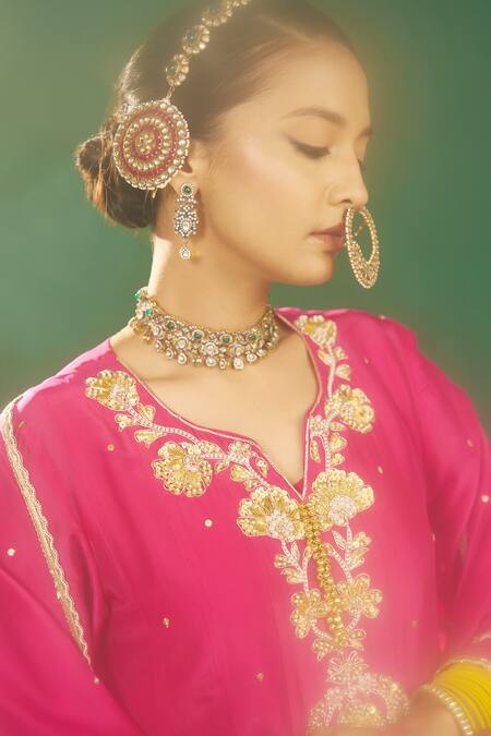Hirika & Dhruti Pink Polyester Embroidery Split V-neck Zardosi Anarkali Set at Aza Fashions Hirika & Dhruti_Pink Polyester Embroidery Split V-neck Zardosi Anarkali Set _at_Aza_Fashions